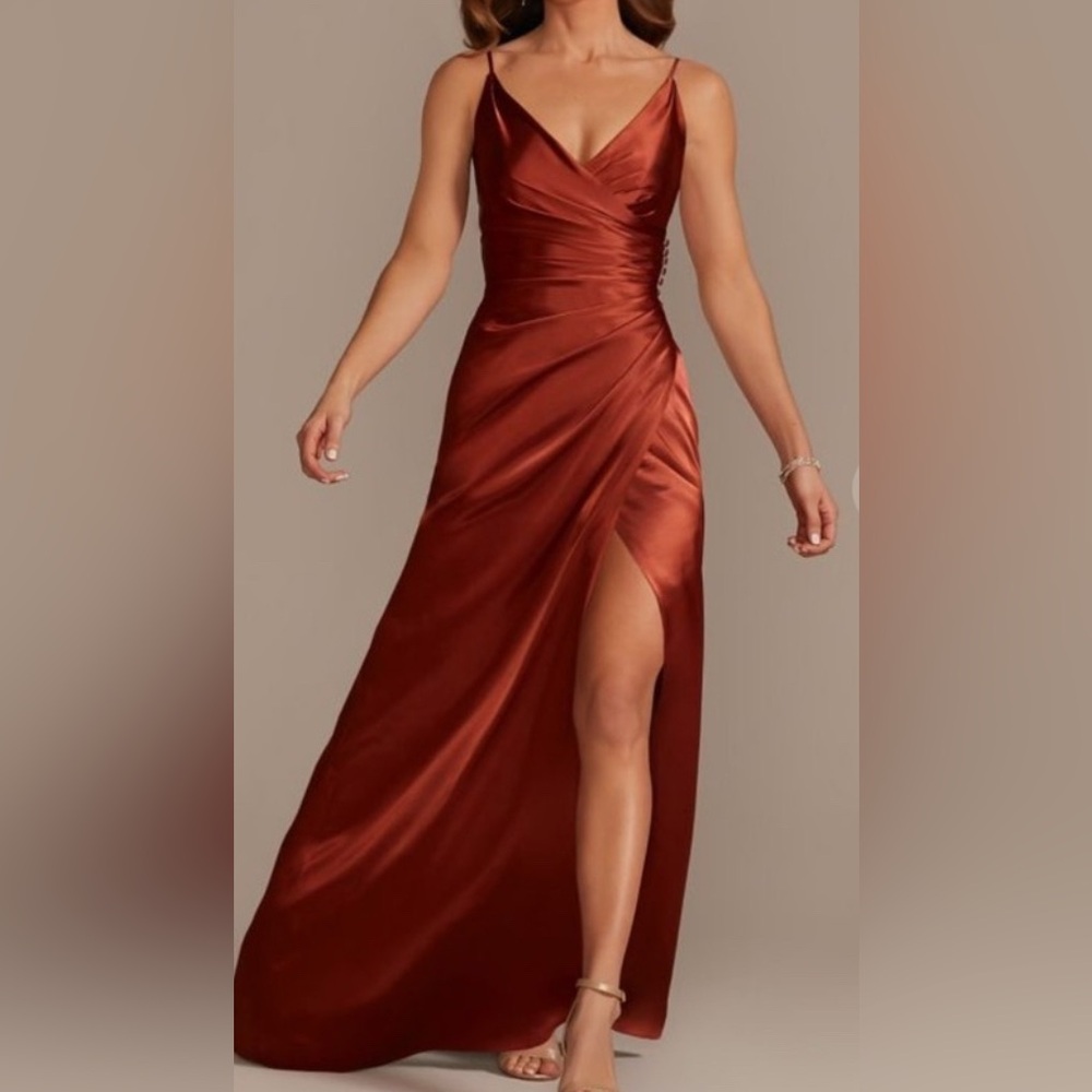 Galina signature Elegant Satin Evening Gown in Rust